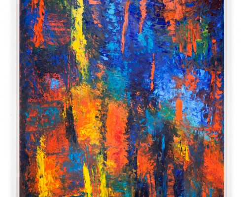 Abstraktes Gemälde in Blau, Orange und Gelb