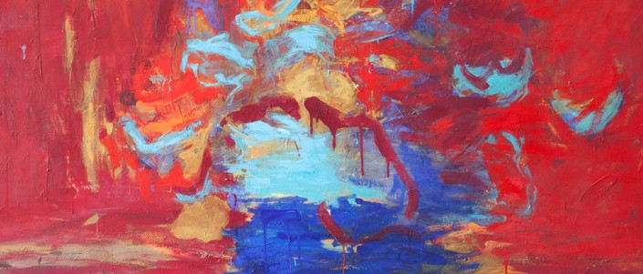 Abstraktes Gemälde in Rot, Blau und Gelb aus der Praxisausstellung